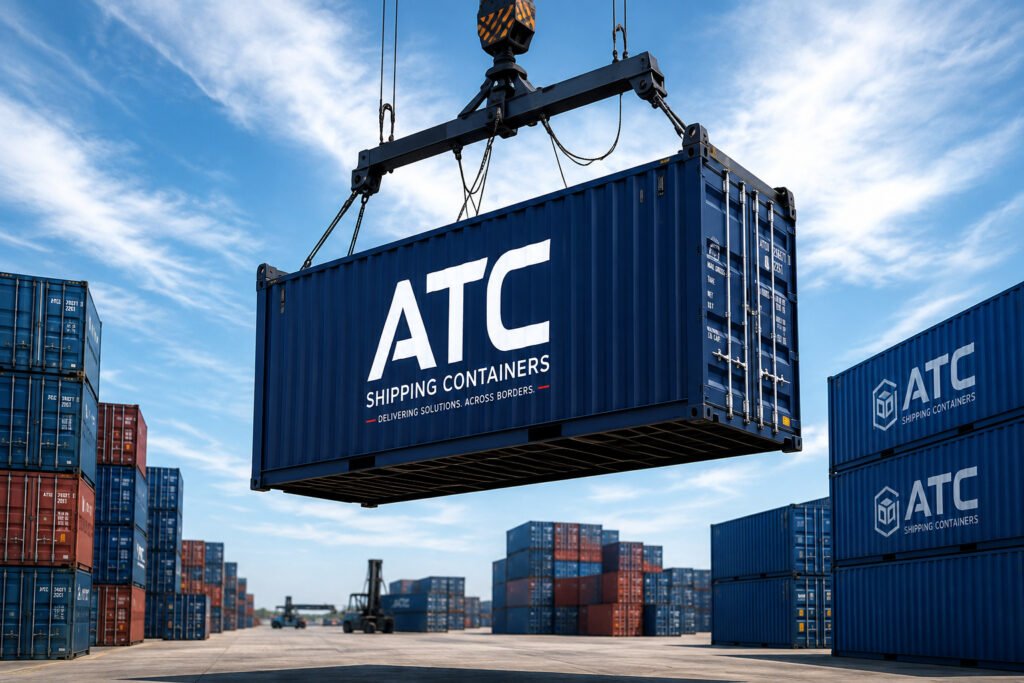 Crane lifting a blue ATC branded shipping container at a container depot